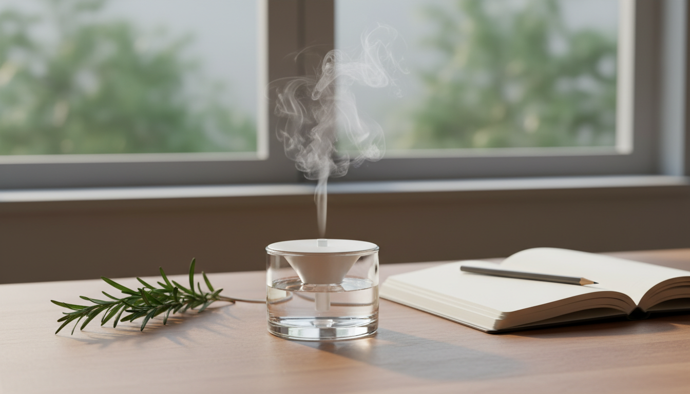 Difusor de aroma em vidro emitindo leve vapor sobre mesa de madeira, ao lado de um ramo de alecrim e um caderno aberto, luz natural suave.