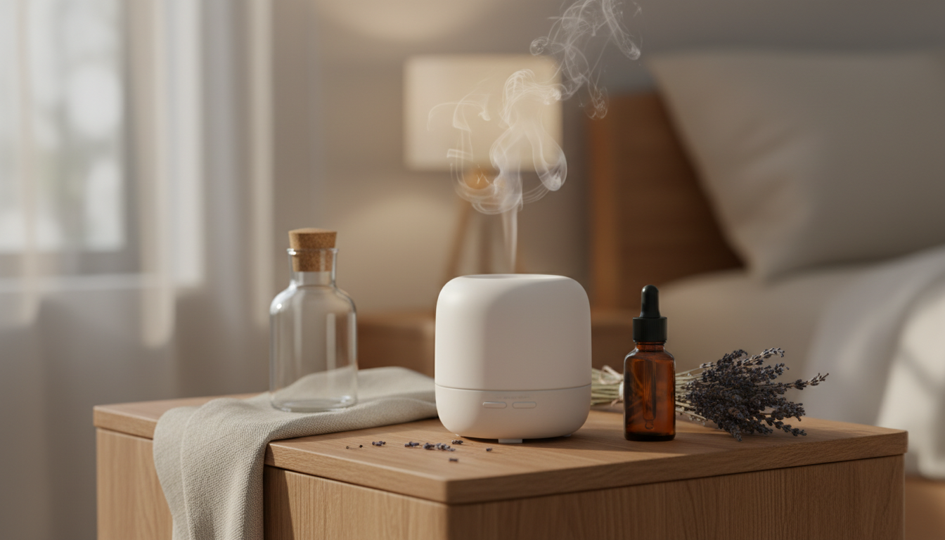 Criado-mudo com difusor cerâmico emitindo névoa, frasco âmbar de óleo essencial com conta-gotas, raminho de lavanda seca e um frasco de spray, cena editorial de relaxamento.