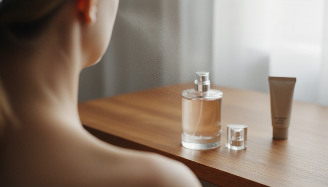 Close-up editorial da nuca e ombro de uma pessoa com névoa sutil de perfume acima da pele e um frasco de vidro apoiado em um criado-mudo de madeira.