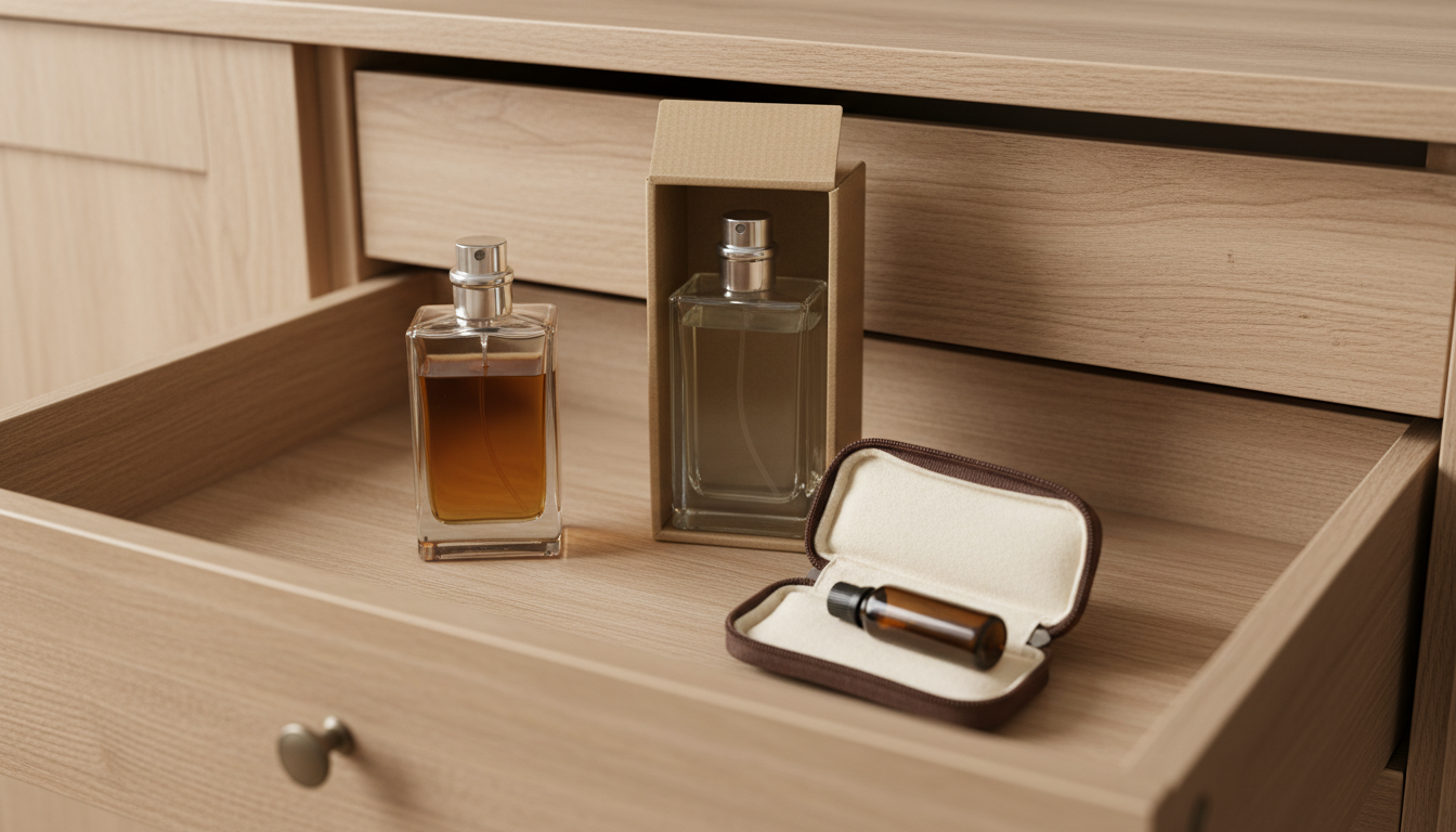 Gaveta de madeira com dois perfumes lado a lado: à esquerda frasco fora da caixa com líquido levemente escurecido e turvo, à direita frasco preservado dentro da caixa original; à frente estojo acolchoado com decant de vidro escuro.