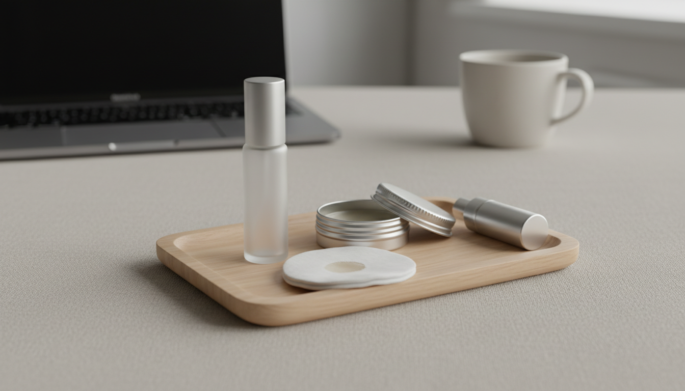 Kit de retoque de perfume numa bandeja: roll-on pequeno, balm aberto e compressa de algodão úmida sobre mesa com fundo de escritório desfocado