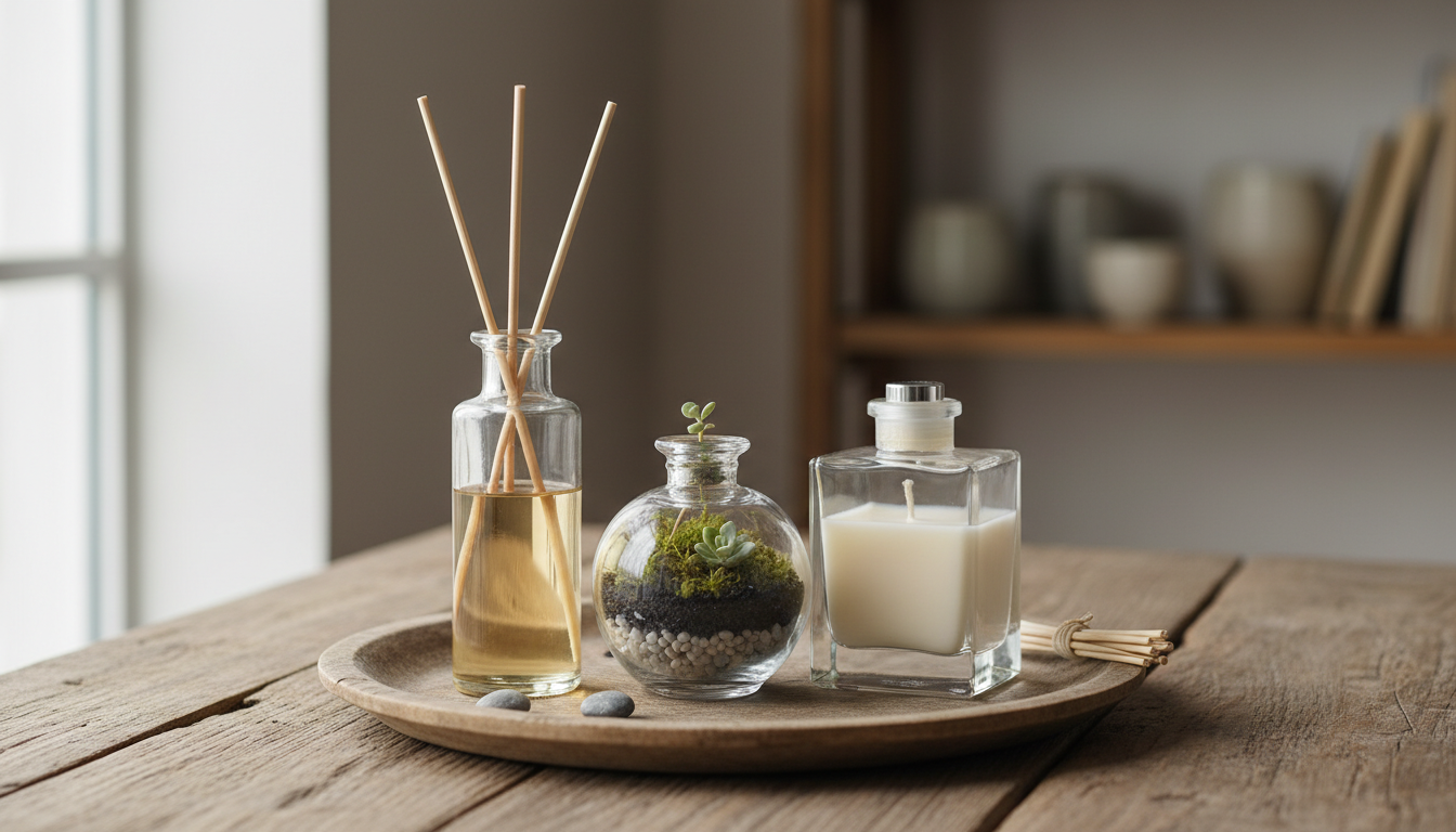 Trio de frascos de perfume reaproveitados sobre bandeja de madeira: difusor com varetas de rattan, mini terrário com suculentas e vela em frasco, iluminação natural