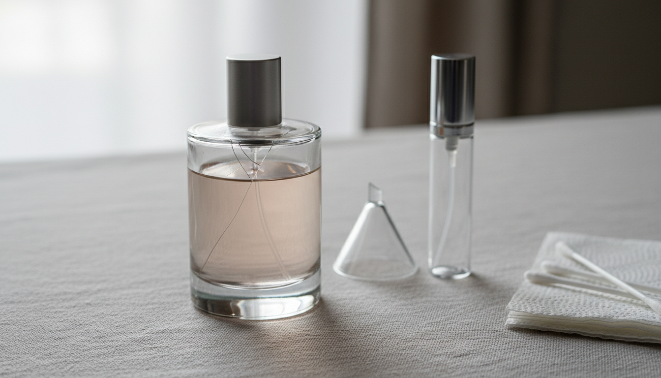 Close-up de frasco de perfume com pequena trinca no pescoço sobre mesa, ao lado funil de vidro, frasco substituto e cotonetes
