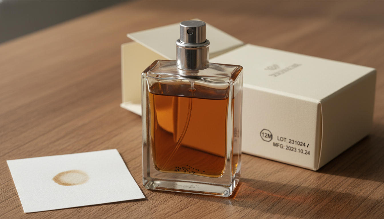 Frasco de perfume em close sobre madeira com líquido levemente escurecido e turvo, papel de teste com mancha oxidada e caixa parcialmente aberta com símbolo PAO.