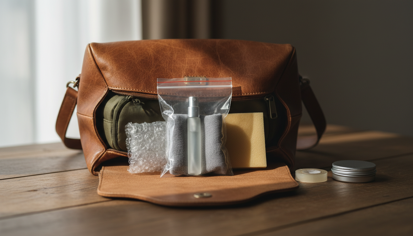 Bolsa de mão estruturada aberta sobre mesa com um saco zip transparente dentro, mostrando um atomizador de viagem envolto em microfibra, acompanhado de necessaire acolchoada, bolha de proteção e fita adesiva.