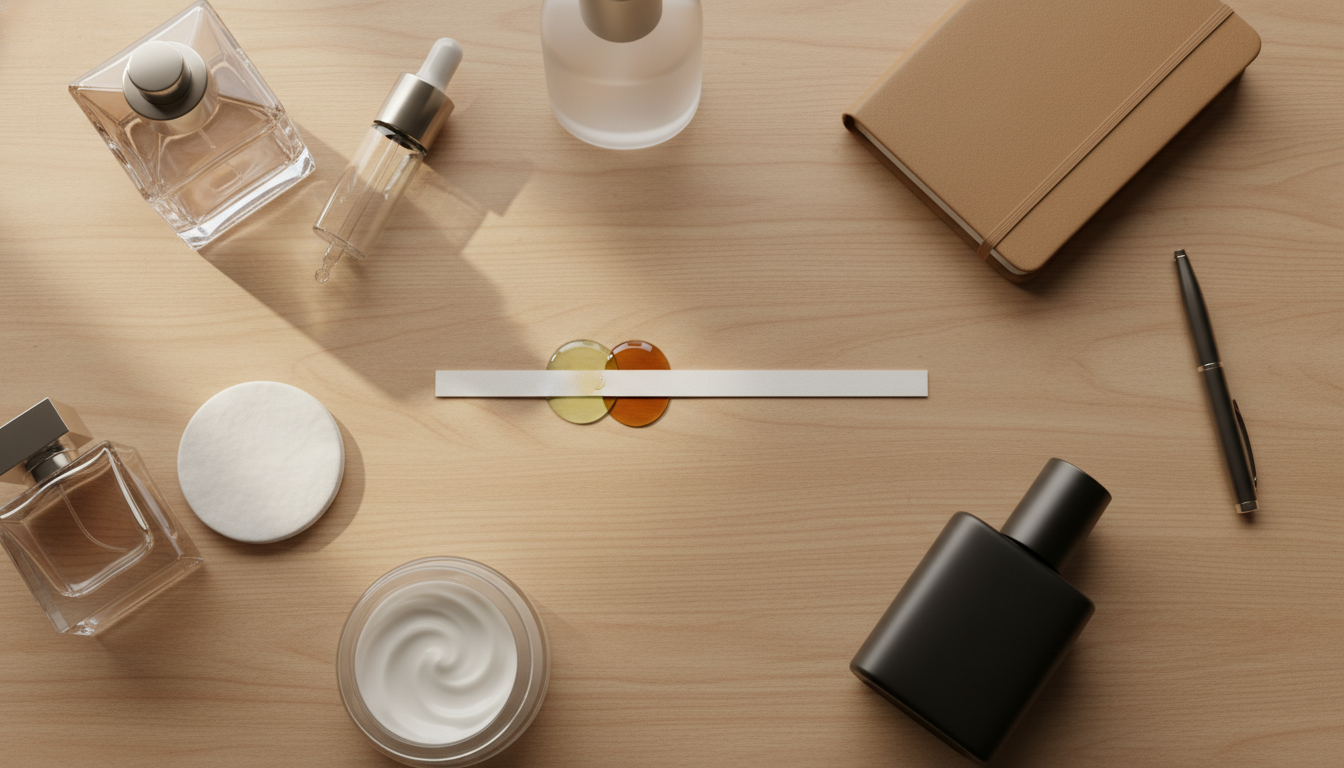 Mesa de madeira com uma tira olfativa central contendo duas gotas sobrepostas, frascos de perfume sem marca, frasco de amostra com pipeta, pote de hidratante e disco de algodão — composição editorial sobre teste e mistura de perfumes.