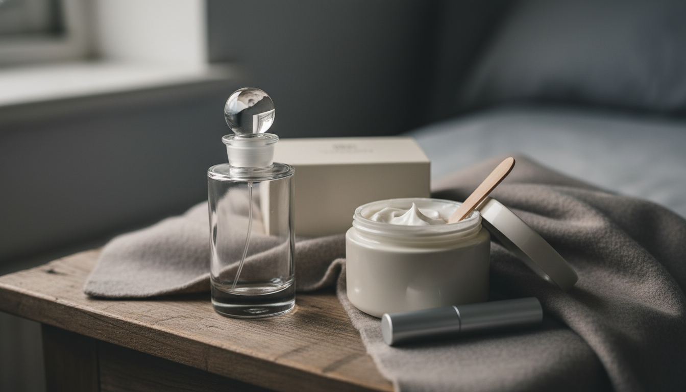 Vignette editorial em cômoda: frasco de perfume em vidro, pote de hidratante aberto com espátula, atomizador travel-size e cachecol de lã, sob luz natural suave.