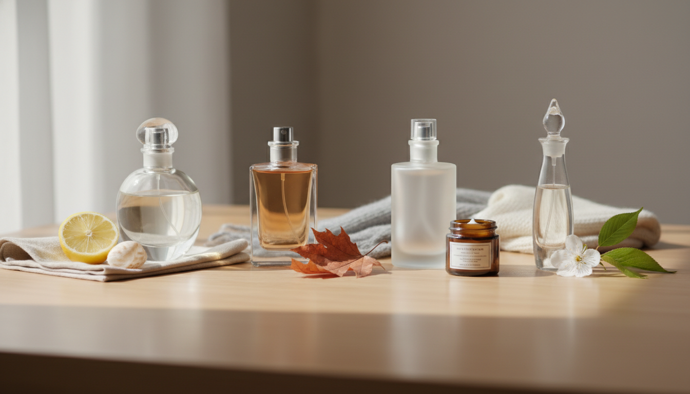 Frascos de perfume alinhados em prateleira de madeira com pequenos objetos que representam as quatro estações: fatia de limão e concha (verão), folha seca e cachecol (outono), pote de creme e malha (inverno), e flor com folha verde (primavera).
