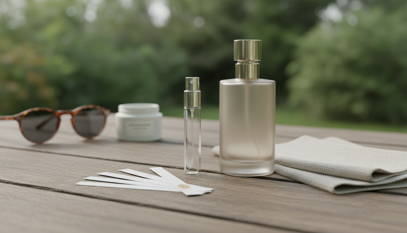 Travel spray de perfume e frasco de eau de toilette sobre mesa de madeira com tiras de prova e guardanapo de linho, em ambiente externo desfocado.