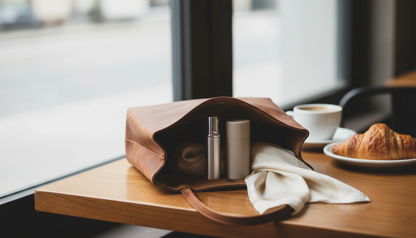 Bolsa de couro aberta sobre mesa de café com frasco travel-size de perfume, desodorante compacto e lenço; ao fundo desfocado xícara e prato com croissant.