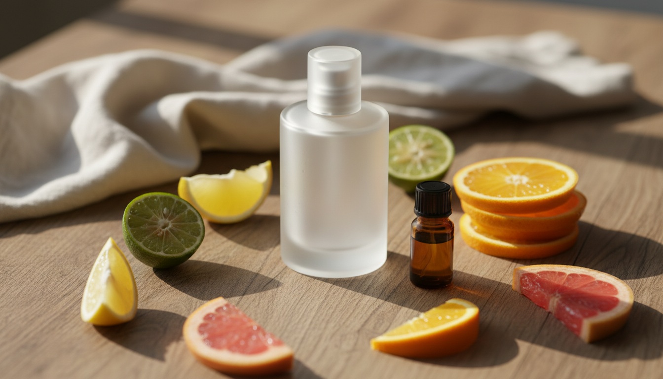 Composição editorial: garrafa de perfume sem marca sobre mesa, fatias de limão, laranja, bergamota e toranja, frasco âmbar de óleo, pano de linho e luz natural suave.