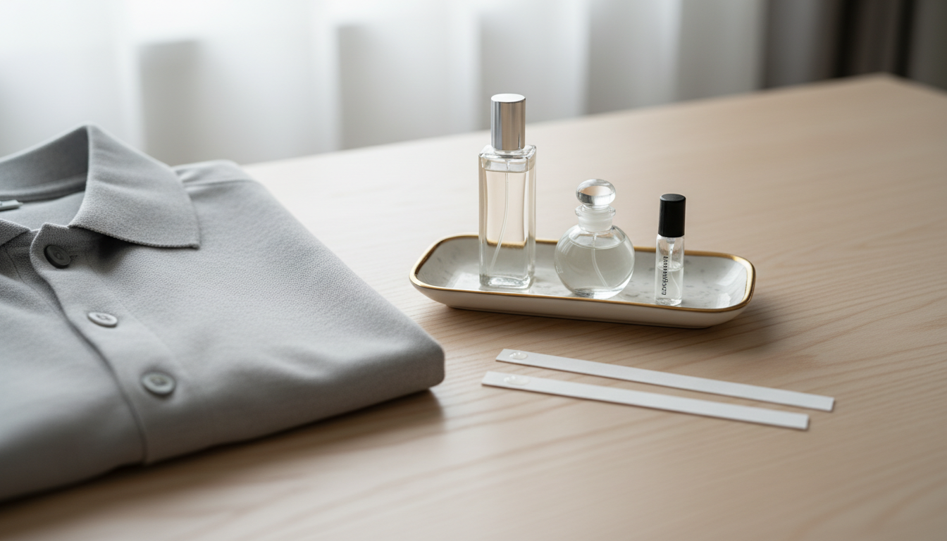Trio de miniaturas de perfume e tiras olfativas sobre mesa de madeira, com uma camiseta escolar dobrada ao lado, luz natural suave
