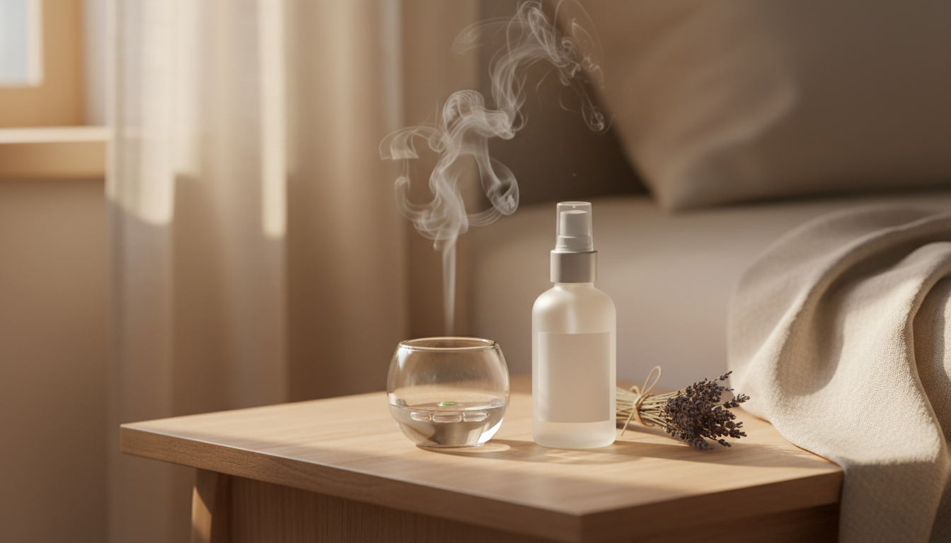Difusor de vidro soltando névoa suave, frasco de spray sem rótulo e ramo de lavanda sobre mesa de cabeceira de madeira com luz natural.