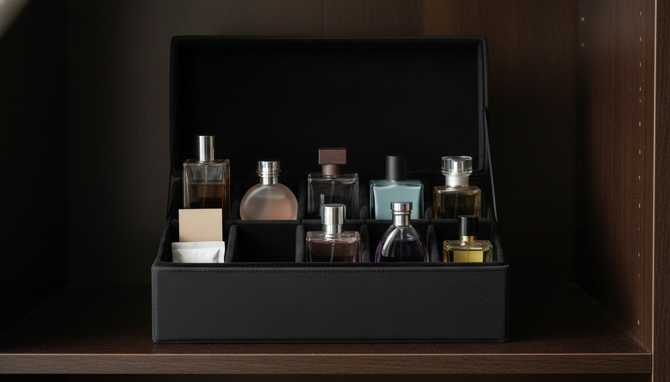 Caixa organizadora rígida aberta com forro acolchoado, frascos de perfume em pé em divisórias, e um sachê de sílica, em prateleira escura com luz suave lateral.