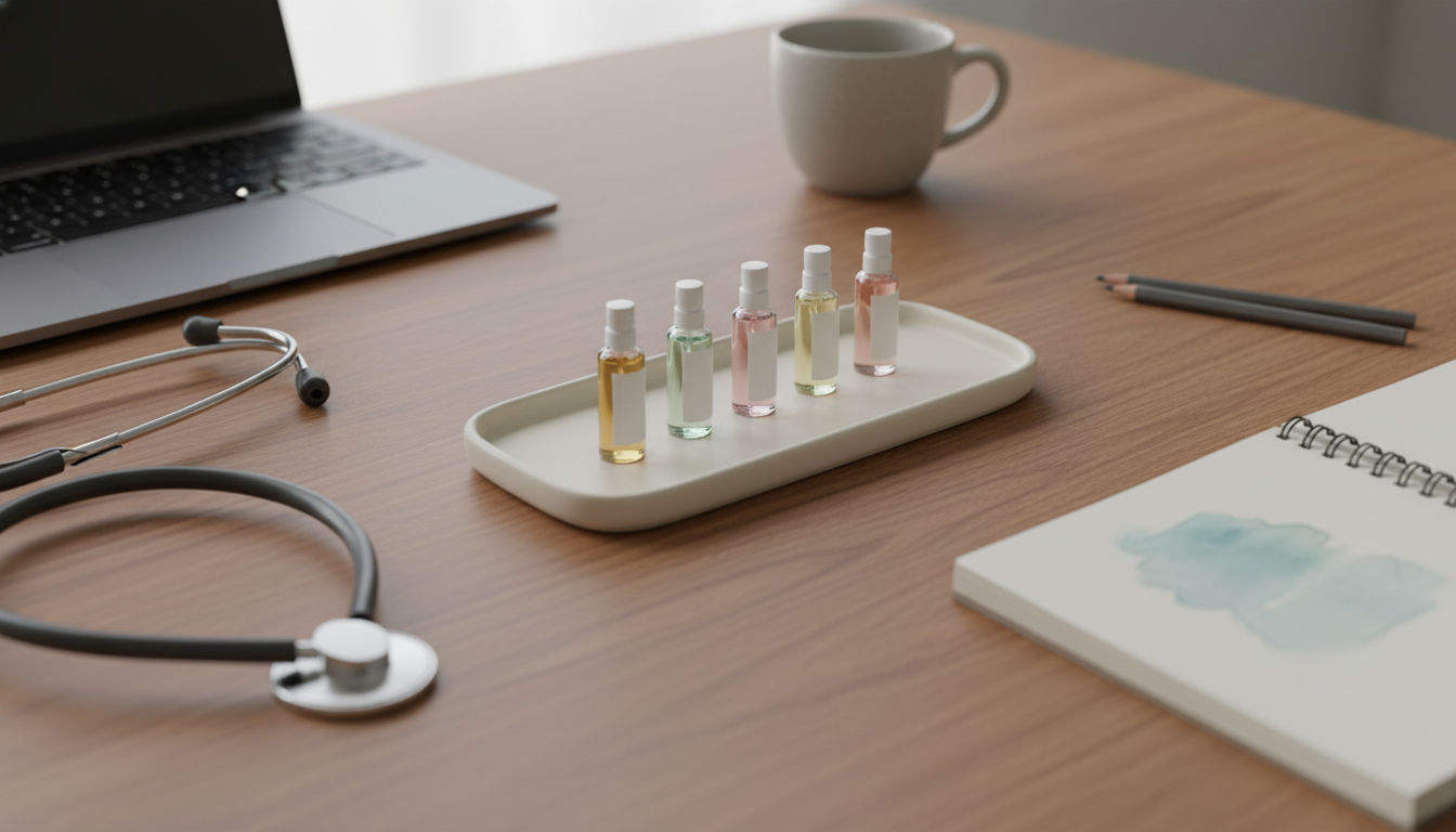 Bandeja cerâmica com cinco frascos de amostra de perfume sobre uma mesa de madeira, cercada por um estetoscópio, canto de um laptop, um sketchbook com lápis e uma xícara de café, iluminação natural suave.