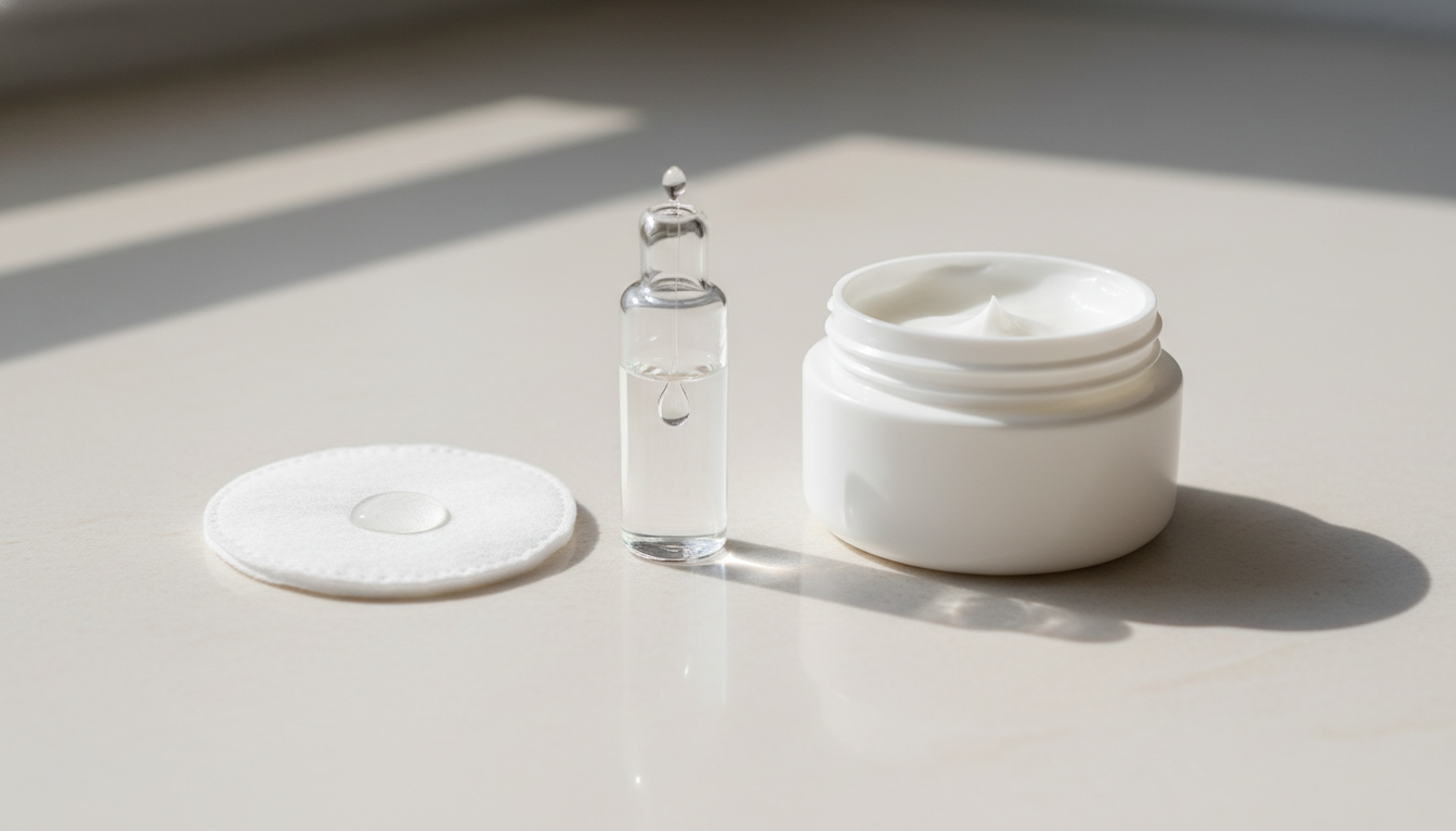 Flat lay editorial sobre teste de perfume: frasco decant de vidro com gota, disco de algodão com gota e pote aberto de creme sobre bancada clara.