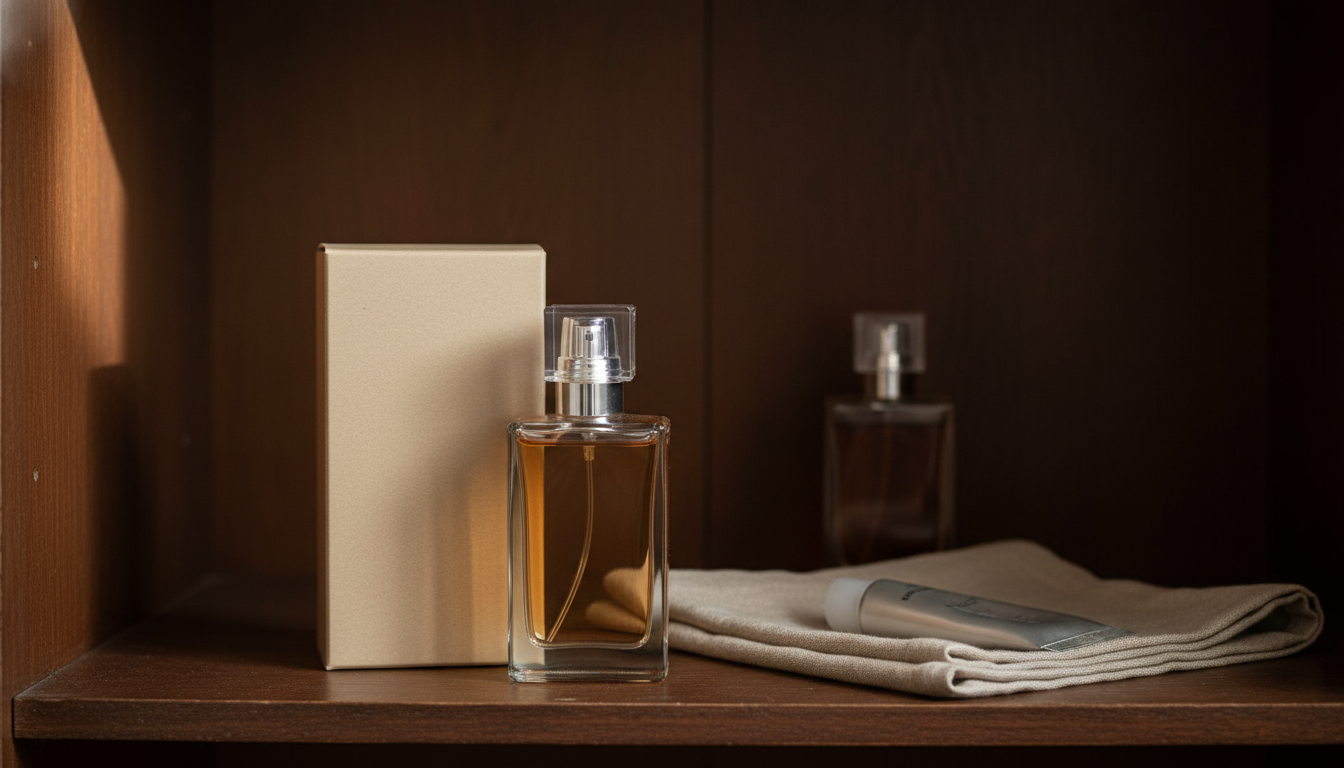 Prateleira interna escura com frasco de perfume em pé com tampa fechada, caixa de perfume fechada e um tubo de hidratante neutro sobre tecido, com um frasco ao fundo levemente mais escuro indicando oxidação