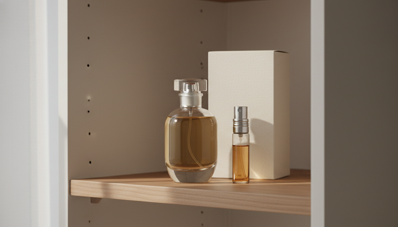 Frasco de perfume original com tampa, frasco de viagem (decant) com líquido levemente escurecido e sedimento sutil, sobre prateleira de madeira em iluminação natural difusa.
