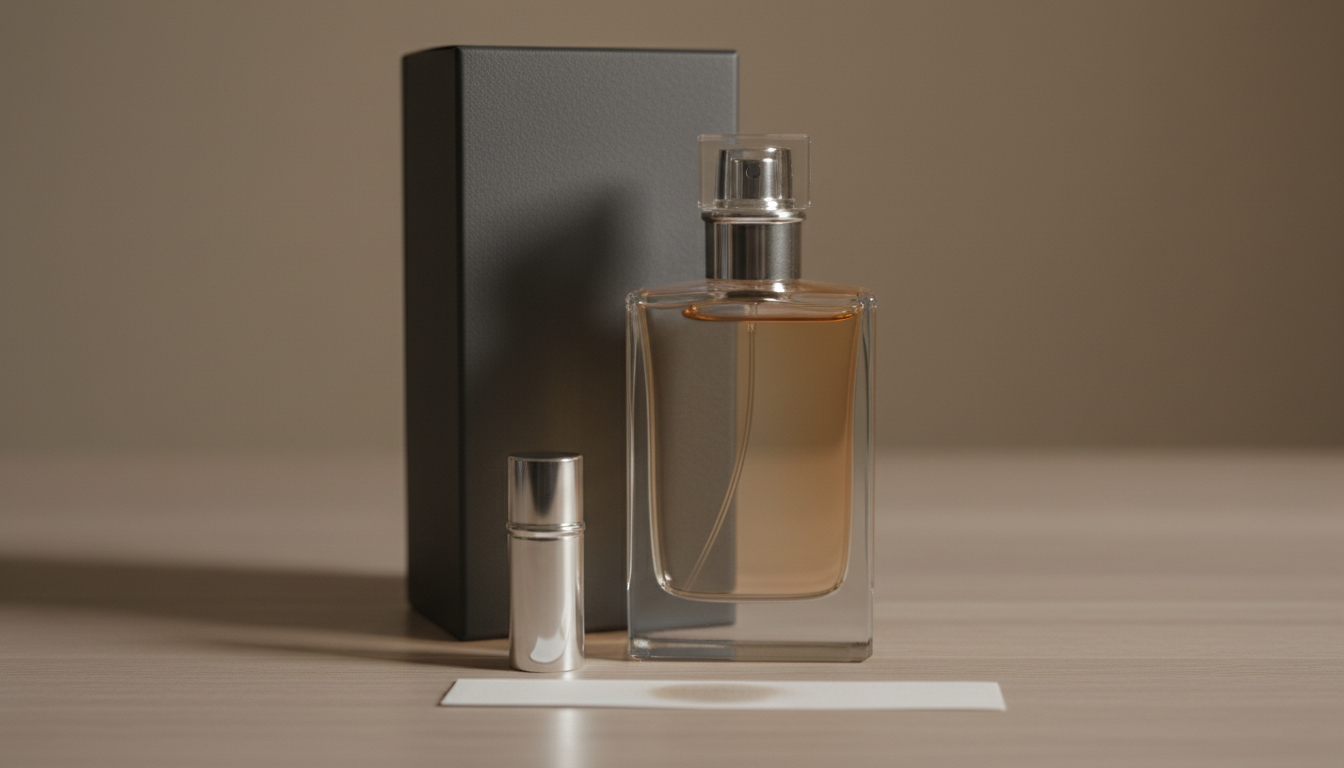 Frasco de perfume sobre superfície de madeira com o líquido levemente mais escuro de um lado; caixa opaca atrás, pequeno atomizador e uma tira de papel com borrifo, luz natural suave.