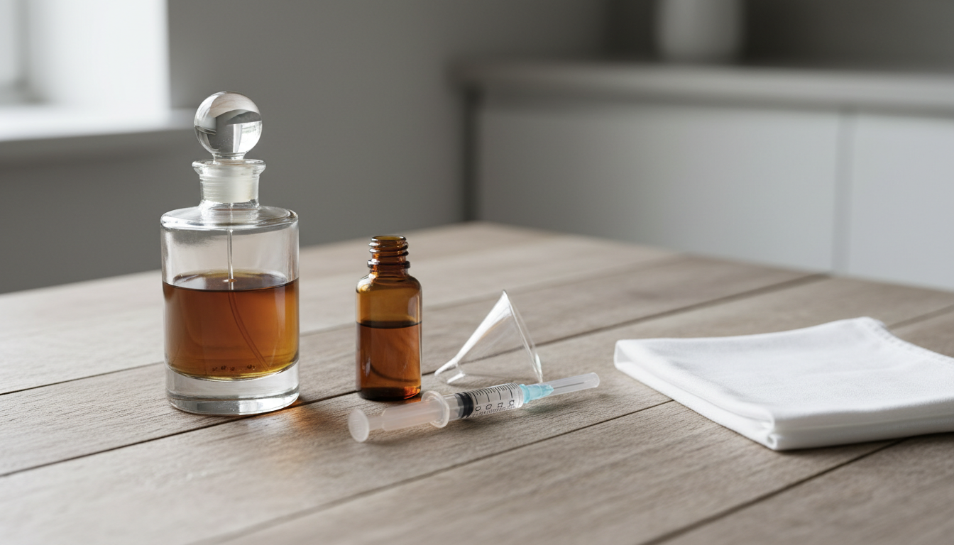 Frascos e ferramentas para decant: frasco de perfume antigo com líquido levemente escurecido e sedimento, frasco‑piloto âmbar, funil de vidro, seringa e pano branco sobre mesa de madeira em luz natural suave.