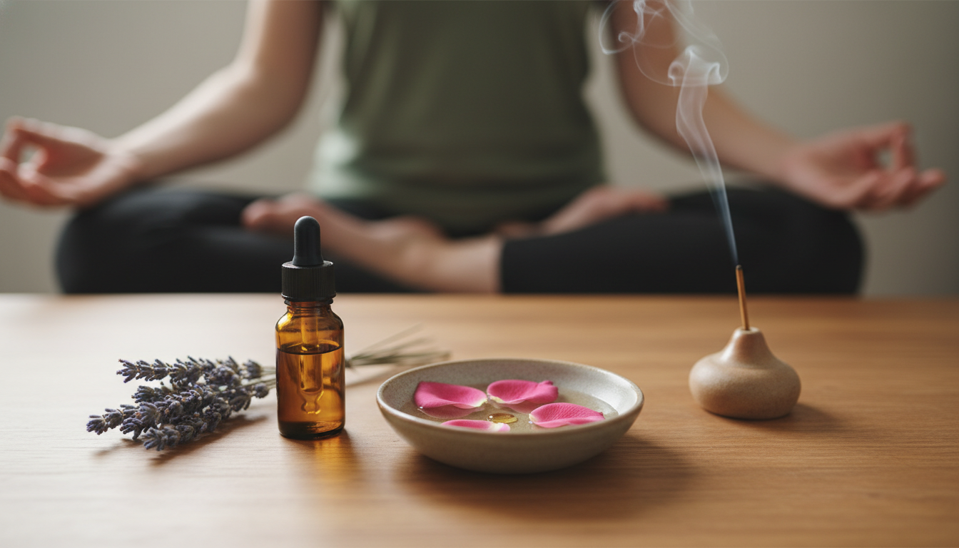 Altar rústico com frasco âmbar de óleo essencial, tigela com gotas de óleo e pétalas de rosa, incenso fumegante e lavanda seca; figura humana desfocada ao fundo em meditação.
