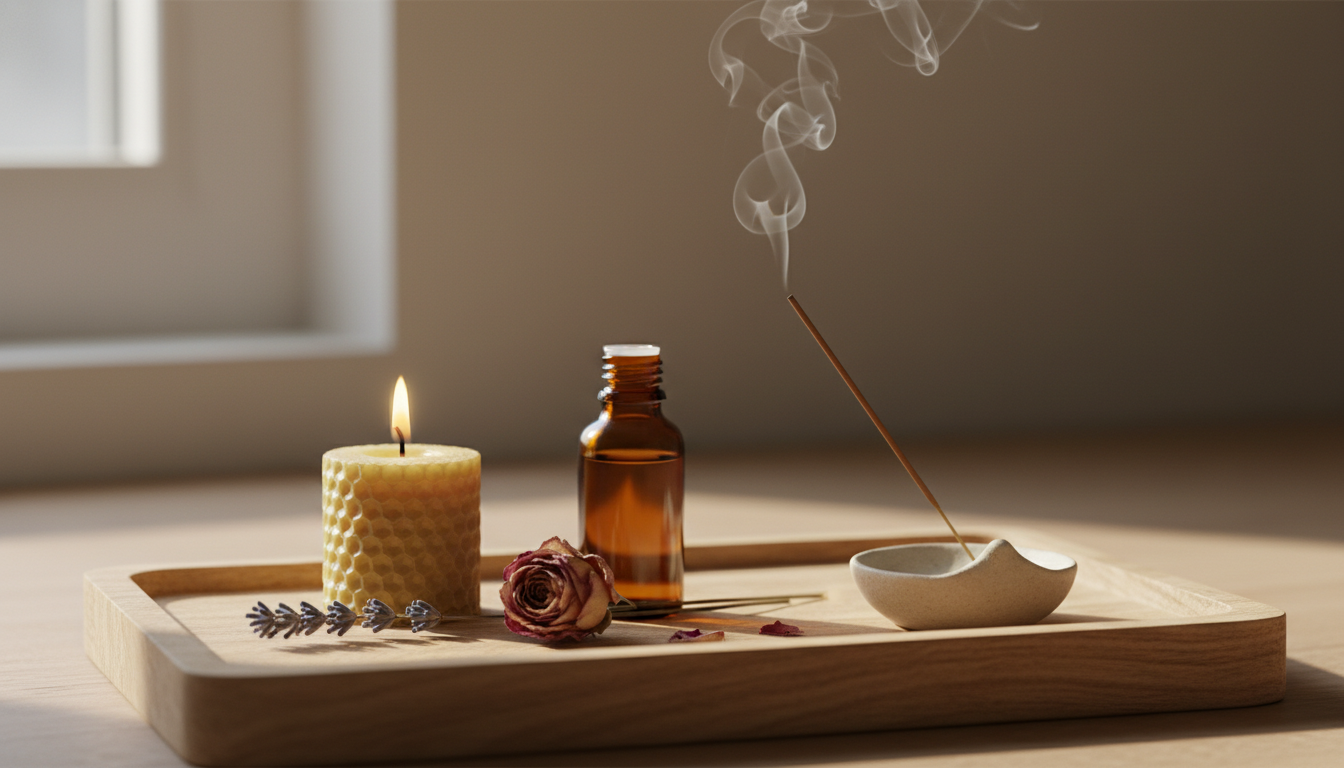 Altar minimalista com vela acesa, incenso fumegante, frasco âmbar de óleo essencial, ramo de lavanda e pétala de rosa sobre bandeja de madeira, luz natural suave.