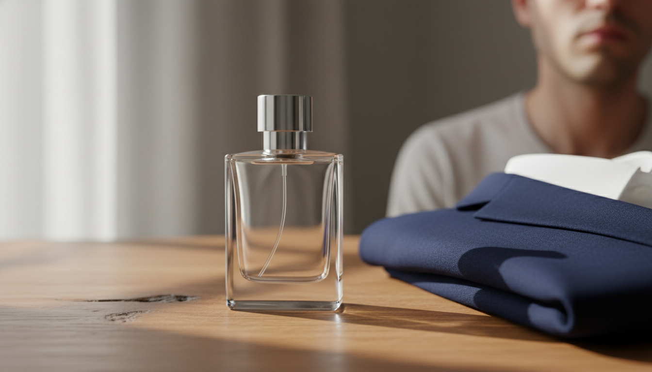 Garrafa de perfume em foco sobre penteadeira de madeira, com blazer azul-marinho dobrado ao lado e queixo/pescoço de pessoa desfocados ao fundo.