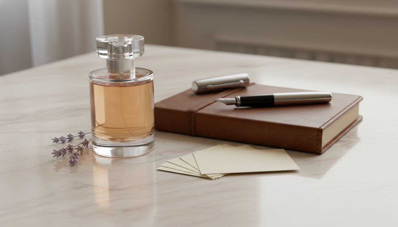 Frasco de perfume elegante sobre bancada de mármore, cartões em papel creme em branco, caderno vintage com caneta e raminho de lavanda à luz natural suave.