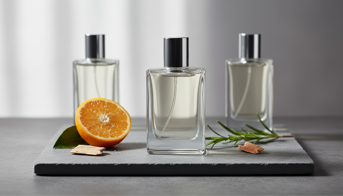 Still-life editorial com garrafa central de perfume sem rótulo sobre pedra mate, duas garrafas desfocadas ao fundo, fatia de bergamota com gotas, lasca de madeira e raminho de alecrim.