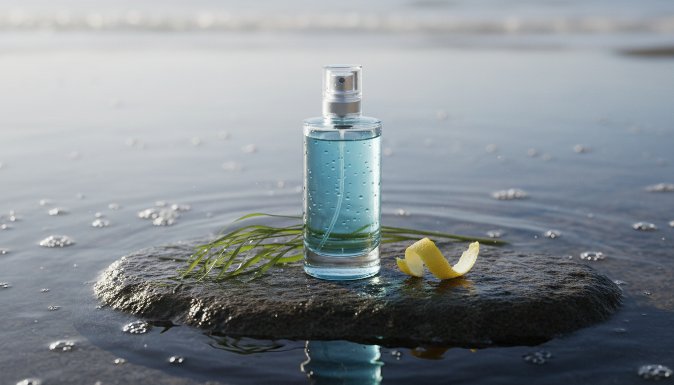 Frasco de perfume sem rótulo sobre pedra molhada junto a uma poça rasa, com líquido azul pálido, algas discretas e um pedaço de casca de cítrico, transmitindo frescor aquático.