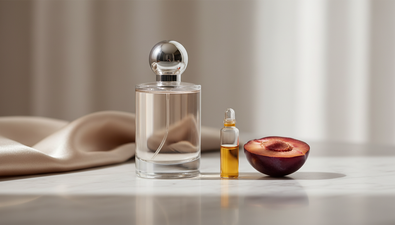 Frasco de perfume sem marca ao lado de uma ameixa cortada com polpa roxa e um pequeno frasco de extrato âmbar sobre mármore claro, em luz natural suave.