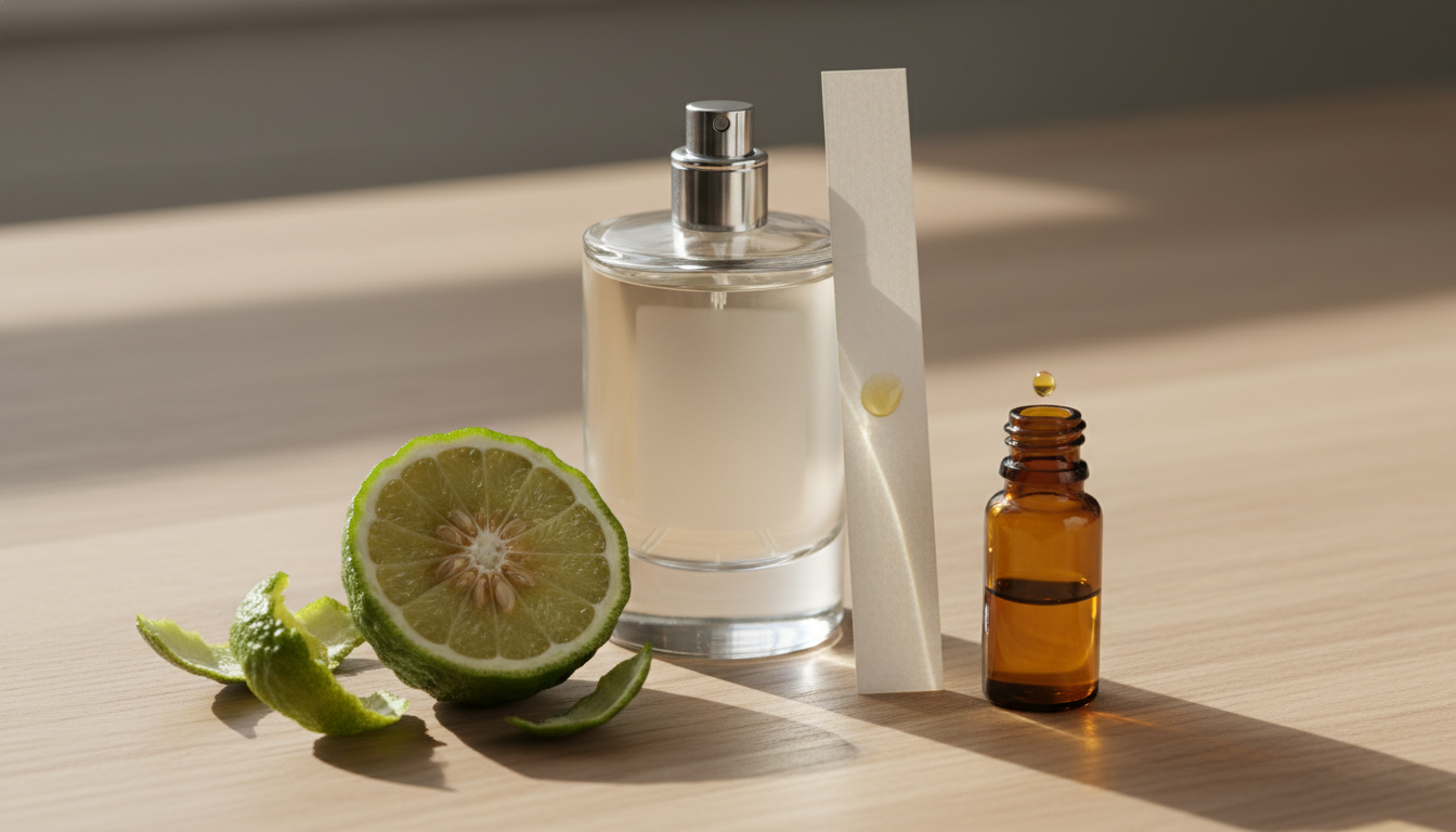Natureza-morta editorial: frasco de perfume sem rótulo sobre mesa de madeira, bergamota cortada, frasco âmbar de óleo e tira de papel de teste com mancha sutil.