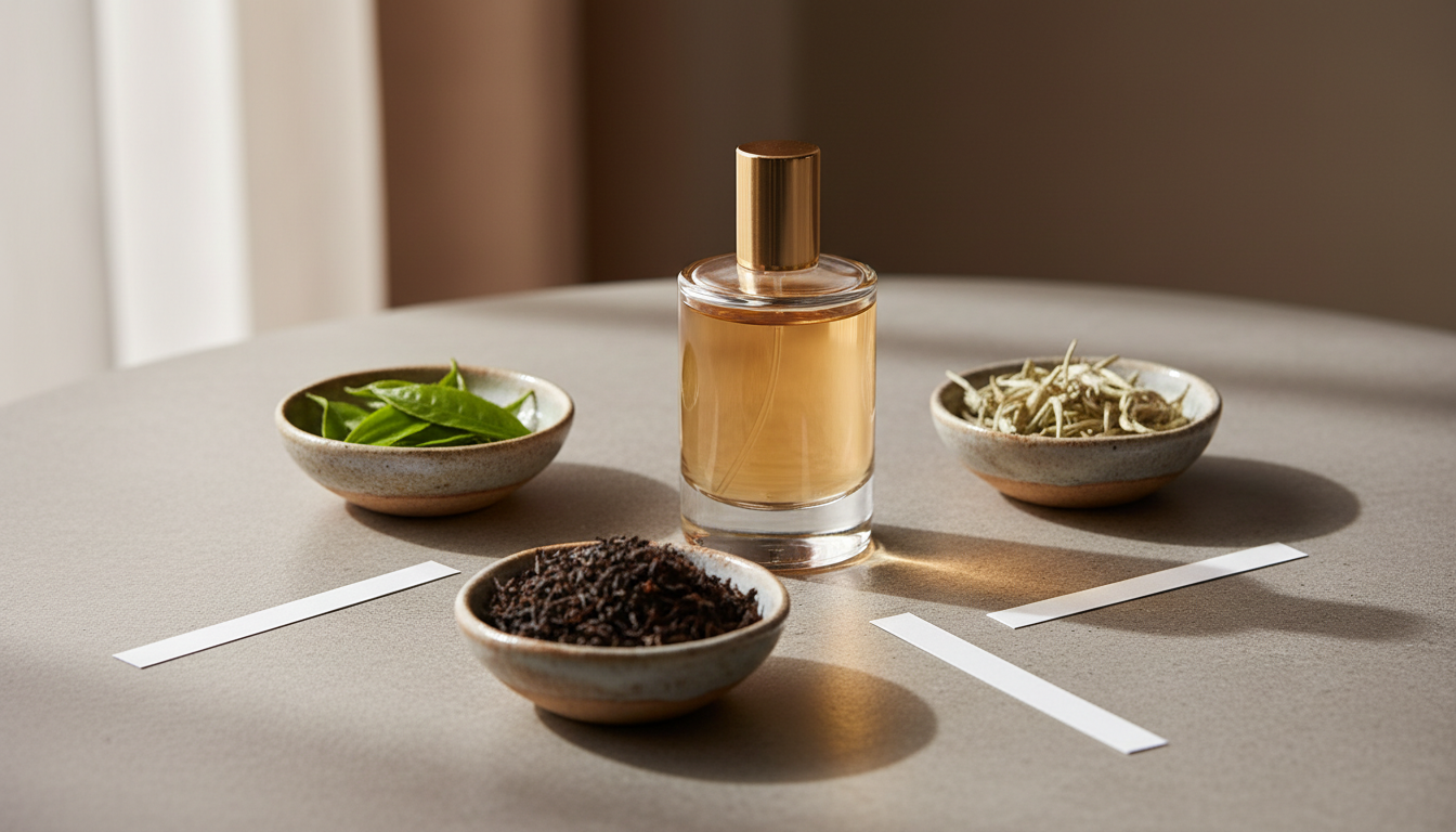 Garrafinha de perfume não rotulada sobre mesa de pedra, cercada por três cumbucas com folhas de chá verde, chá preto e chá branco e tiras de papel olfativo, luz natural suave