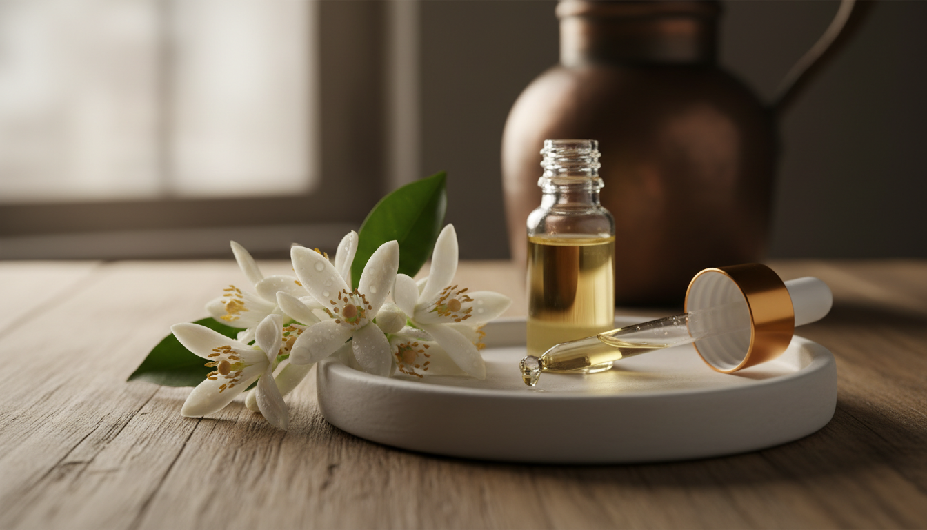Close-up editorial de flores de laranjeira (neroli) com gotas de orvalho, frasco de óleo essencial e pipeta sobre prato cerâmico em mesa de madeira, iluminação natural suave.