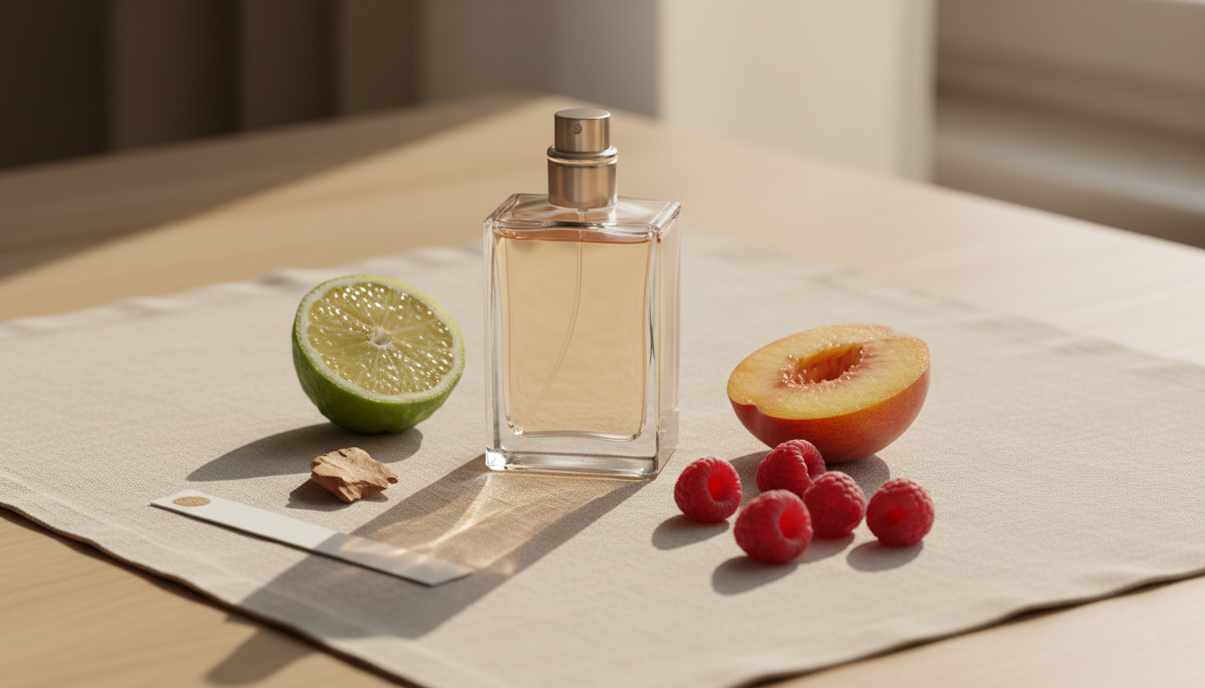 Fotografia editorial de um frasco de perfume sem rótulo rodeado por uma fatia de bergamota, metade de pêssego e framboesas, sobre mesa de madeira com um chip de madeira e um papel de teste em branco.