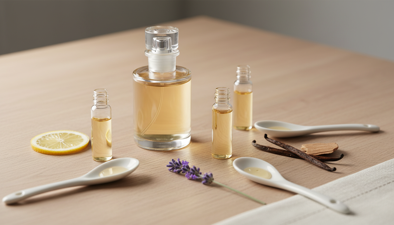 Frasco de perfume elegante sobre mesa com três vasilhas de amostra, colheres cerâmicas com gotas e elementos naturais (limão, lavanda, cedro/baunilha) representando notas de saída, coração e fundo.