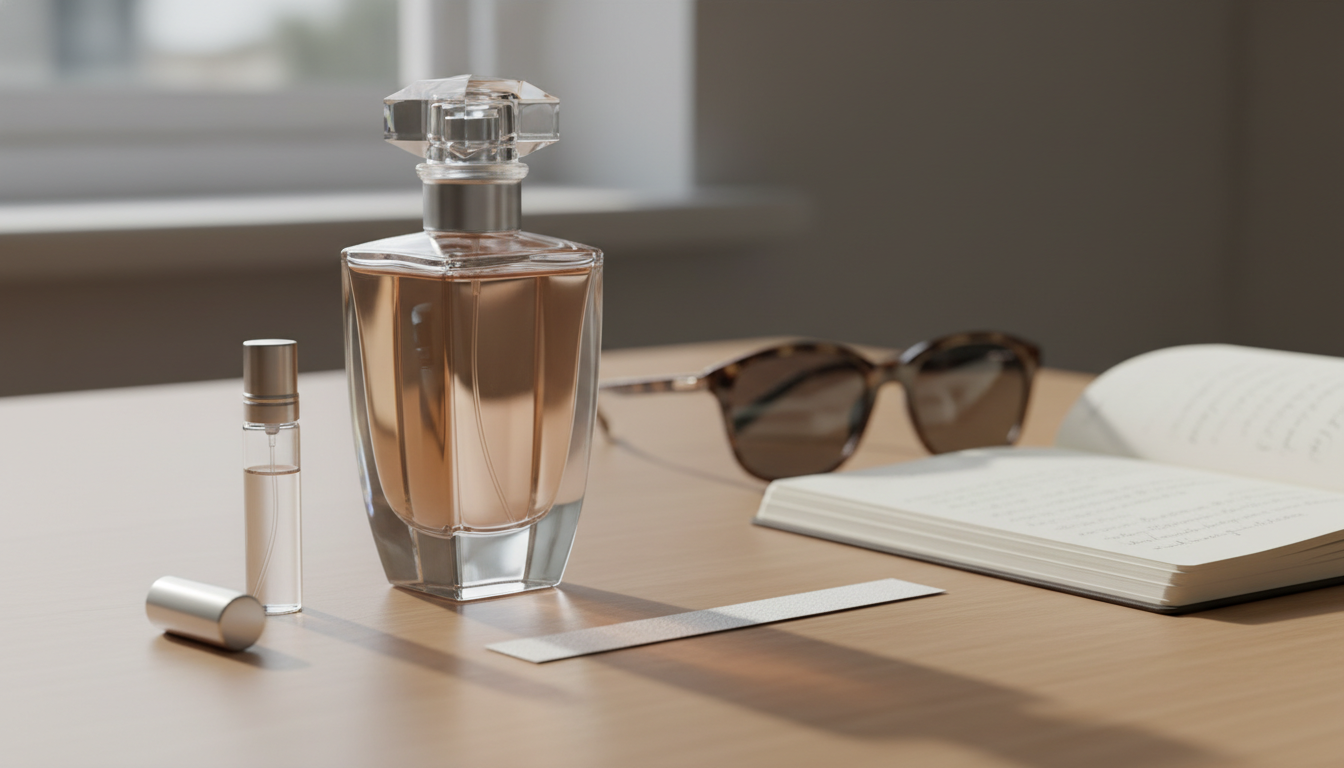 Frasco de perfume em vidro sobre mesa de madeira com um decant aberto, tira olfativa e caderno de notas desfocado, ao lado óculos escuros — composição editorial e natural.