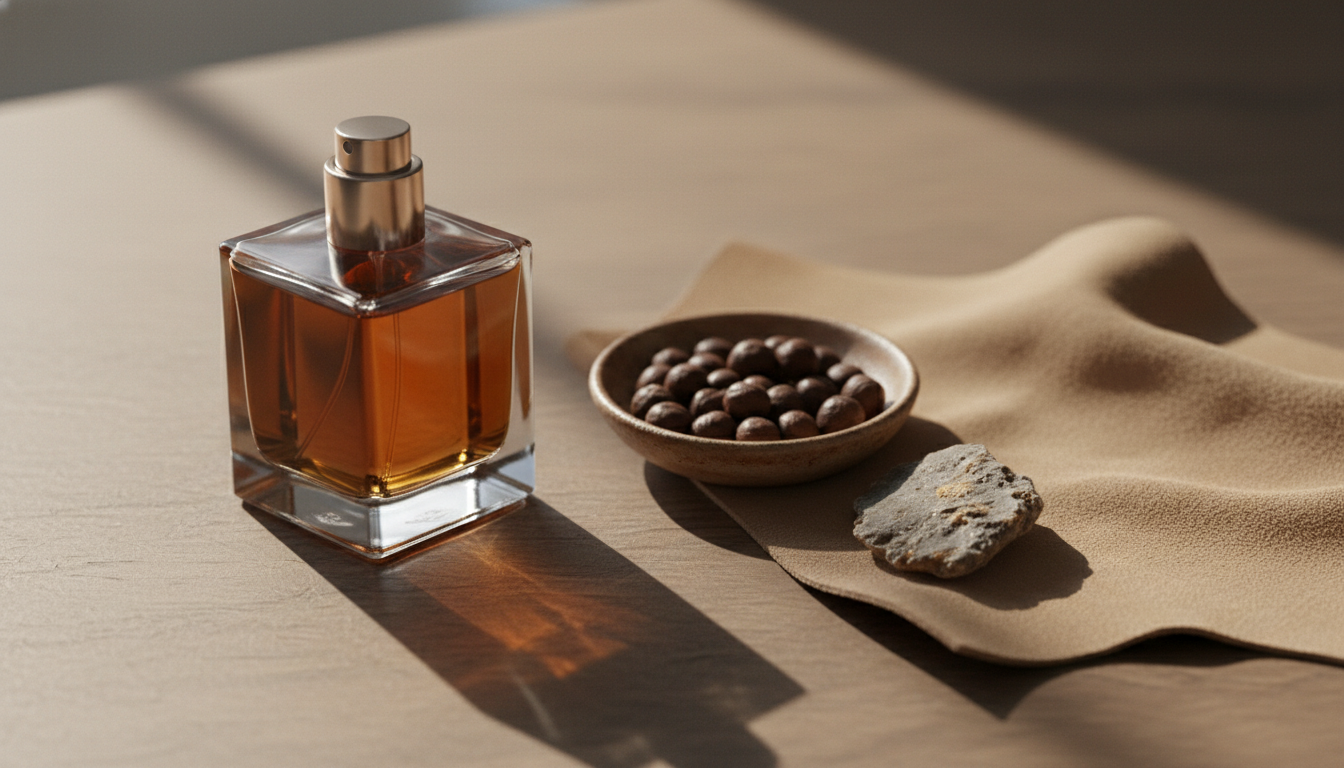 Frasco de perfume em vidro com líquido âmbar, ao lado de um pequeno prato com sementes de ambrette, um fragmento âmbar‑acinzentado e um pedaço de camurça sobre madeira, iluminação natural editorial.