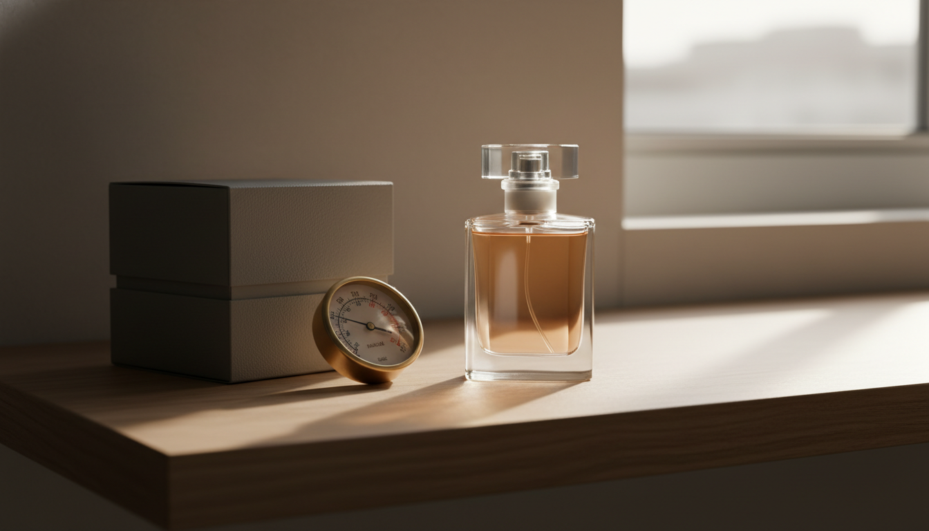 Frasco de perfume em prateleira de madeira com líquido levemente escurecido, caixa original à sombra e pequeno termohigrômetro ao lado, luz natural incidindo sobre o frasco.