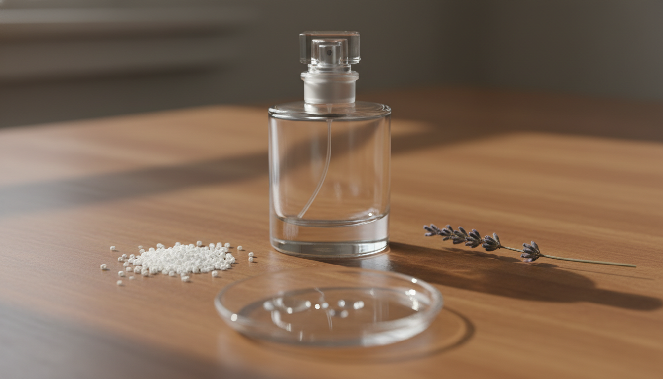 Frasco de perfume em vidro sobre mesa de madeira, com pequena pilha de contas brancas à esquerda, raminho de lavanda à direita e um pratinho com gotas e leve brilho oleoso em primeiro plano, iluminação natural.