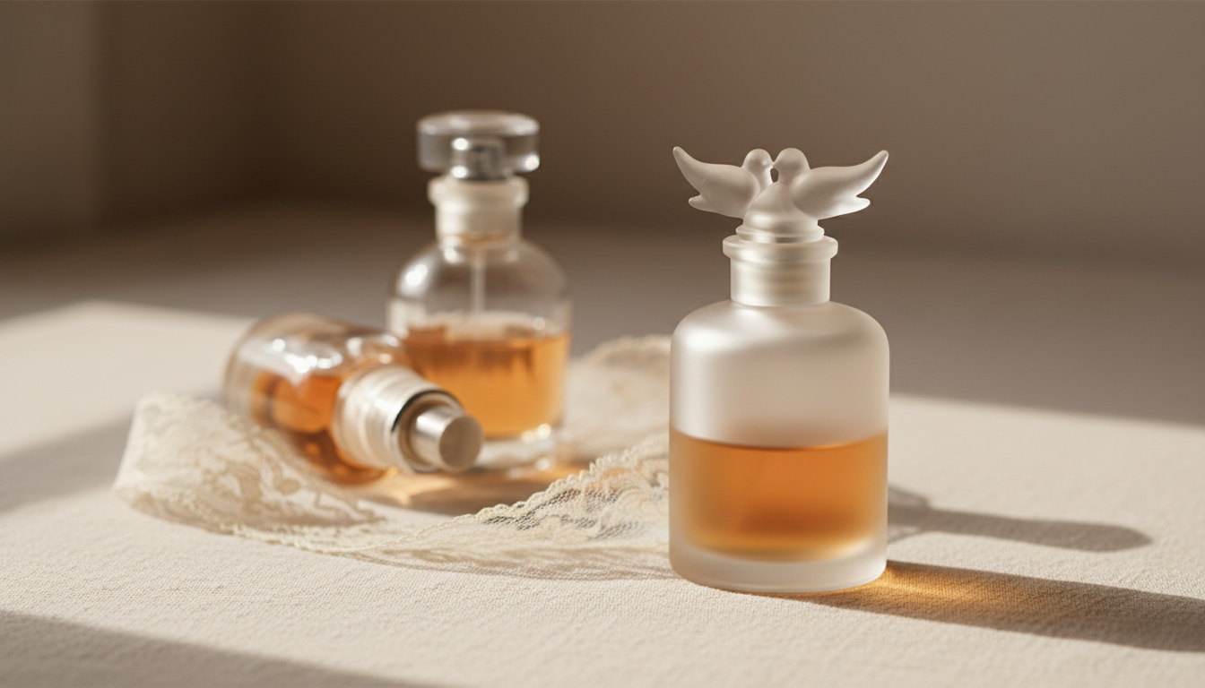 Frascos de perfume vintage sobre linho creme; destaque para um frasco com tampa em vidro esculpida com duas pombas, acompanhado por um segundo frasco desfocado e um detalhe de renda.