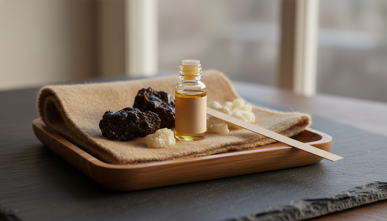 Arranjo editorial de resinas âmbar (labdanum e benjoim) sobre bandeja de madeira com pequeno frasco âmbar e tecido de lã em luz natural.