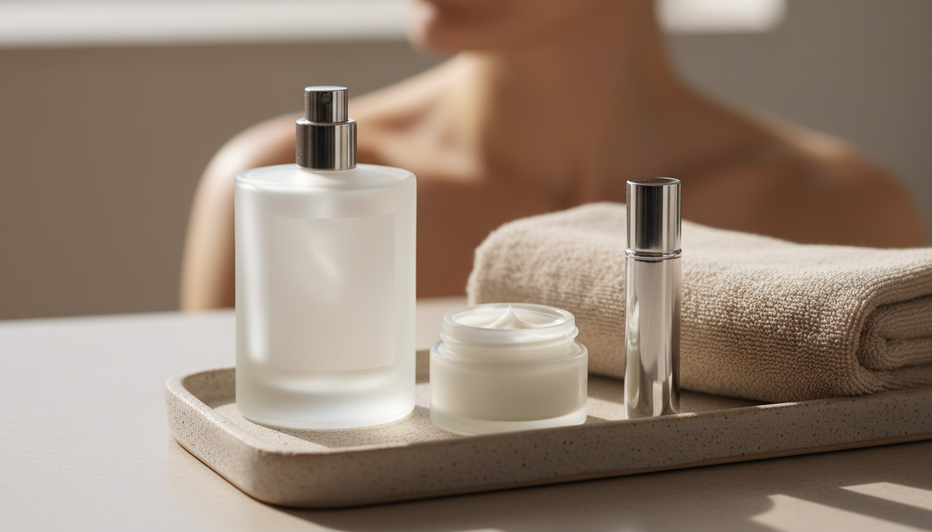 Frasco de perfume sobre bandeja cerâmica ao lado de pote de hidratante aberto e mini borrifador, com ombro e lateral do pescoço parcialmente visíveis ao fundo, luz natural suave.