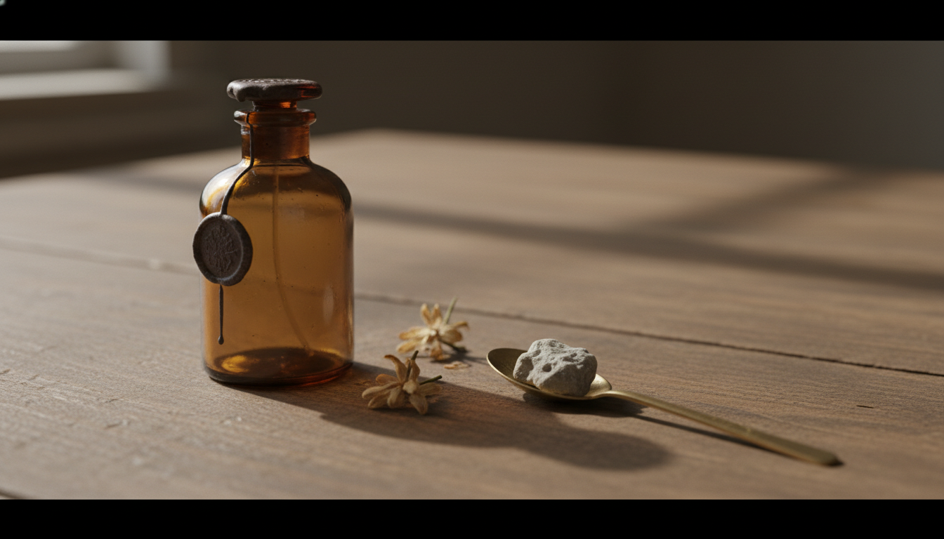 Frasco apothecary antigo em vidro âmbar sobre mesa de madeira, colher de latão com fragmento de âmbar gris e flores de jasmim secas ao redor, iluminados por luz natural lateral.