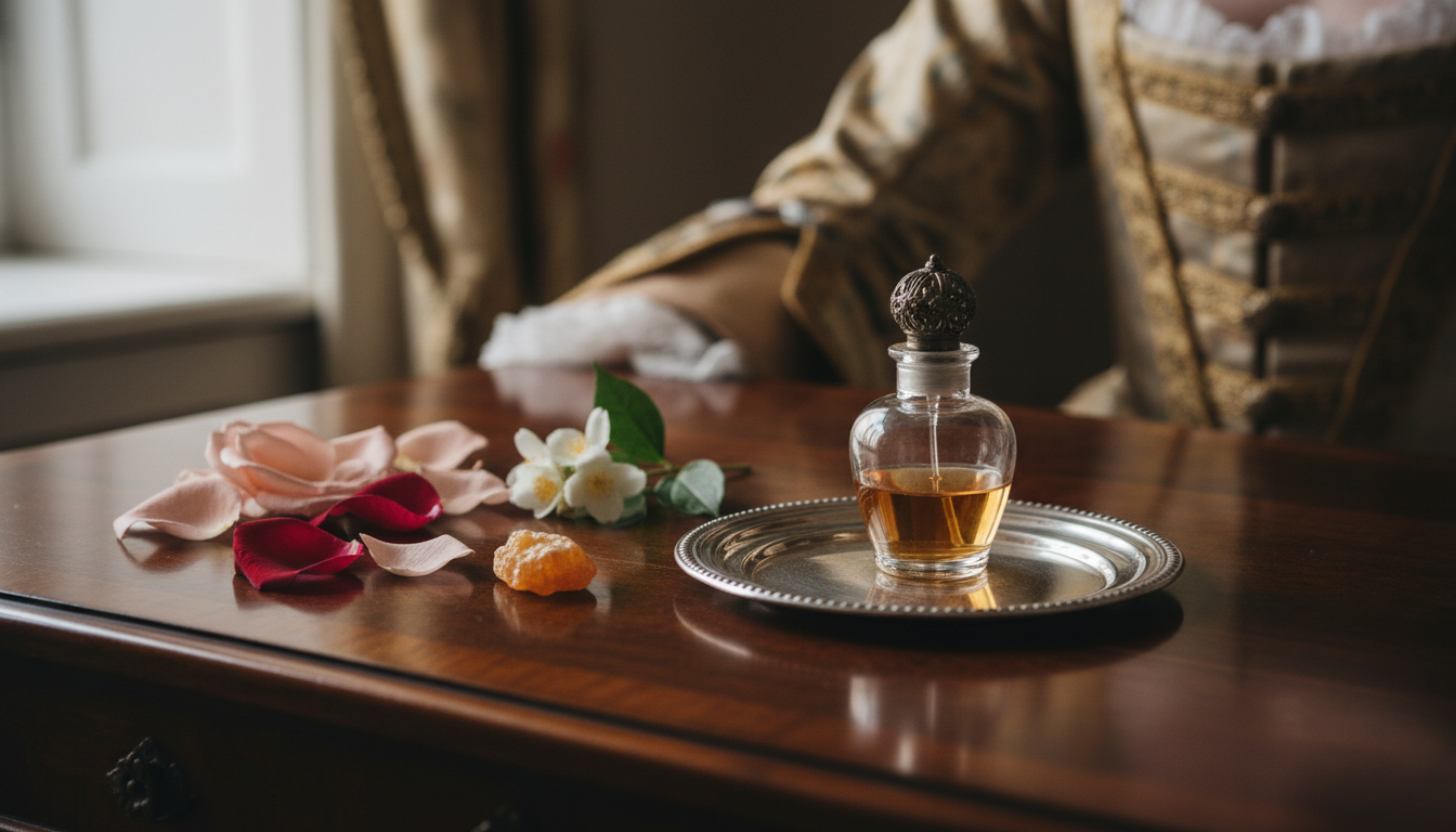 Frasco de perfume antigo sobre bandeja com pétalas de rosa, rama de jasmim e pedaço de âmbar, com fragmento de manga de seda do século XVIII desfocado ao fundo.