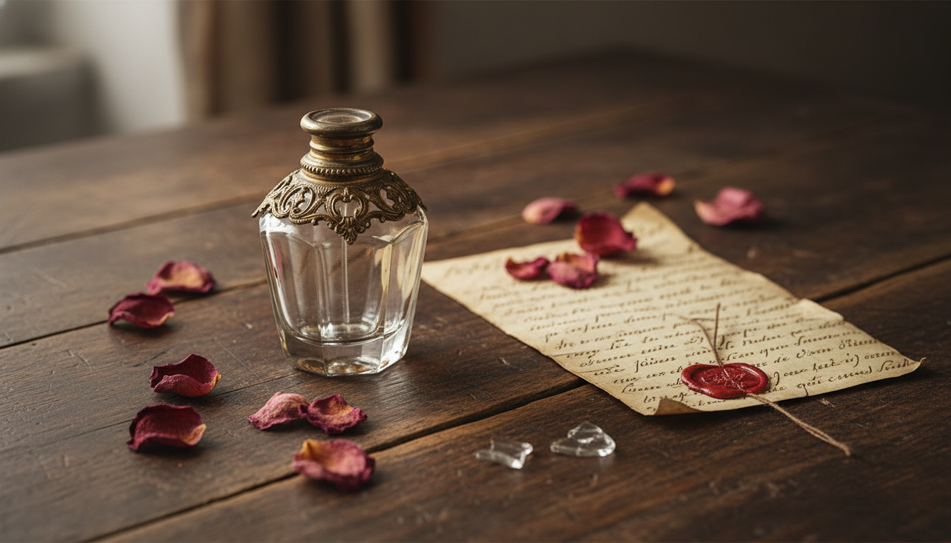 Frasco de perfume antigo rococó sobre mesa de madeira com carta manuscrita antiga, selo de cera, pétalas de rosa secas e fragmento de vidro, iluminado por luz natural suave.