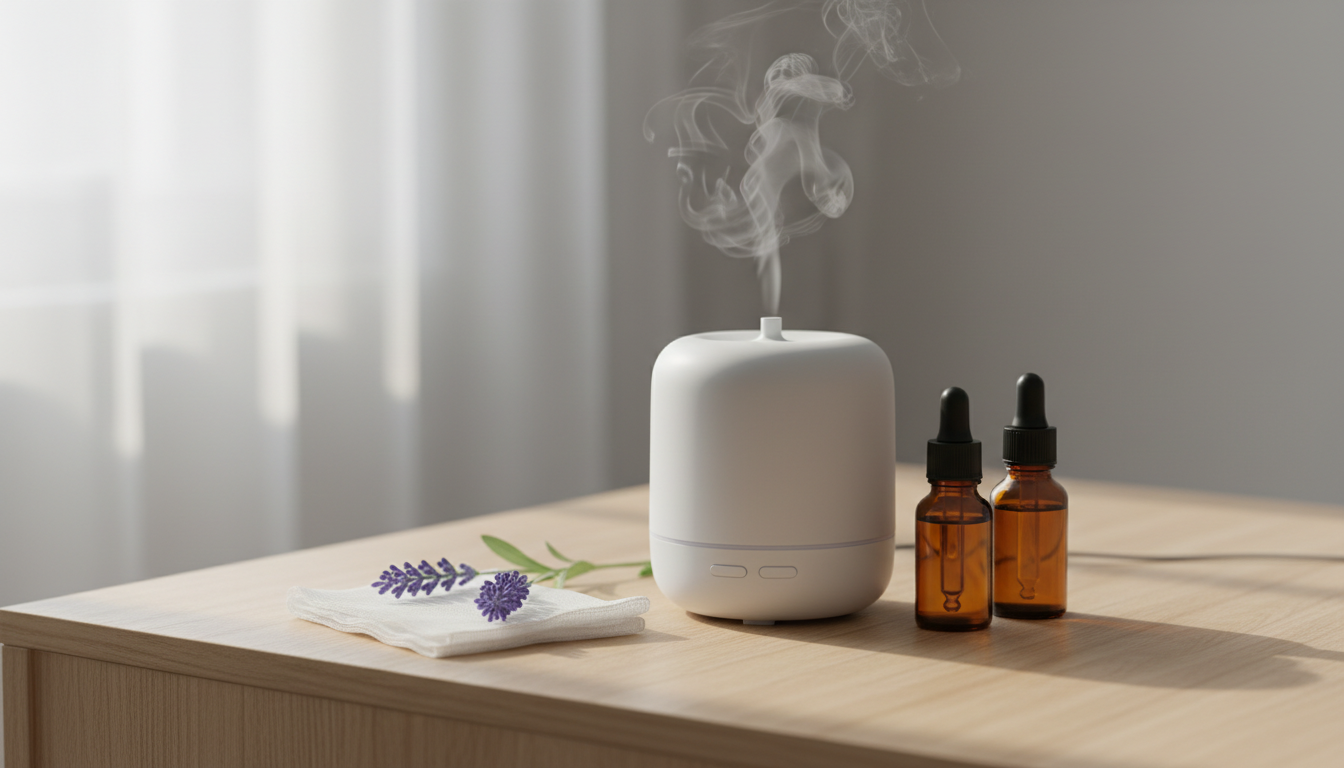 Difusor emitindo névoa sobre mesa de cabeceira com dois frascos âmbar, gaze estéril dobrada e um raminho de lavanda, em ambiente calmo de recuperação.
