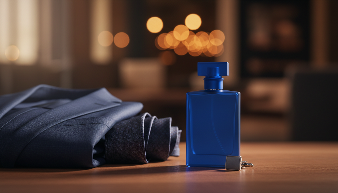 Frasco azul escuro de perfume sem rótulo sobre mesa de madeira com paletó e gravata escuros ao fundo, evocando fragrância masculina noturna e ambiente formal.