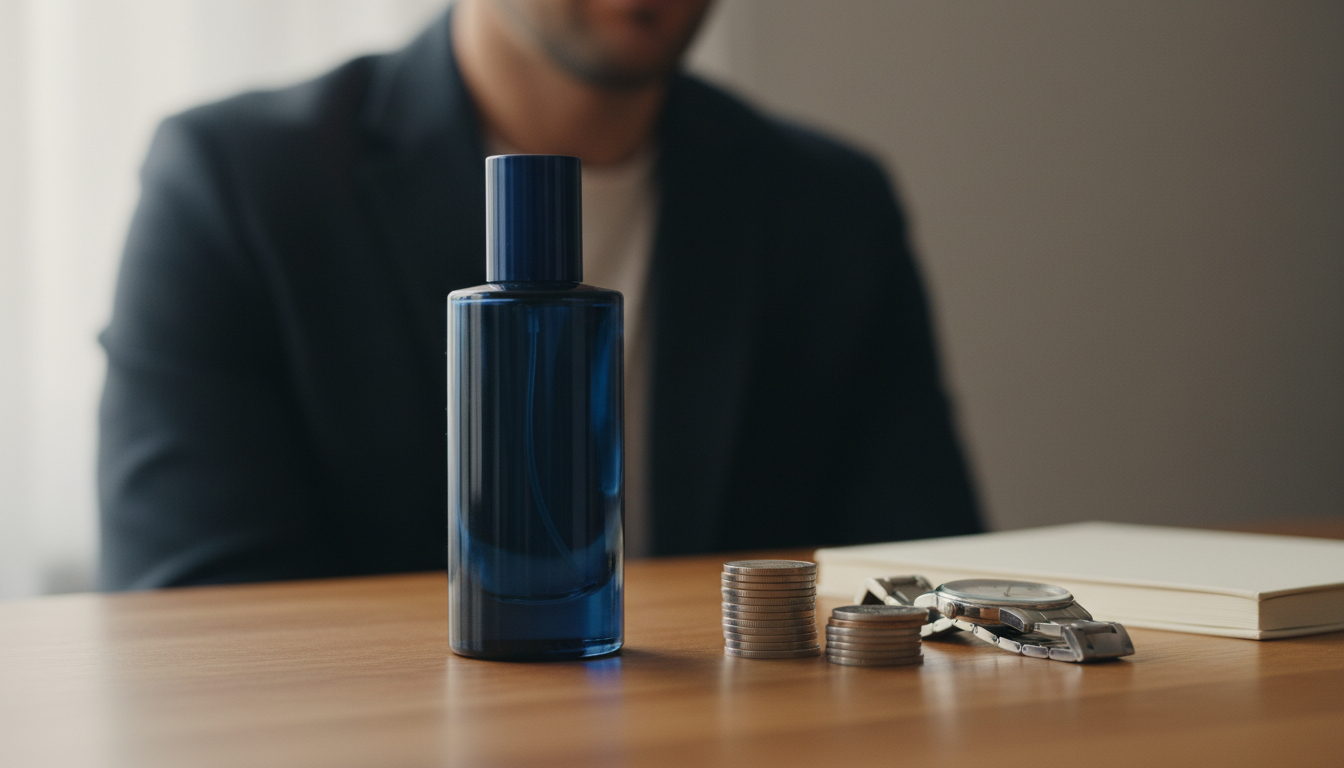 Frasco azul-escuro de perfume sobre mesa de madeira, com relógio e moedas ao lado e figura masculina desfocada ao fundo.