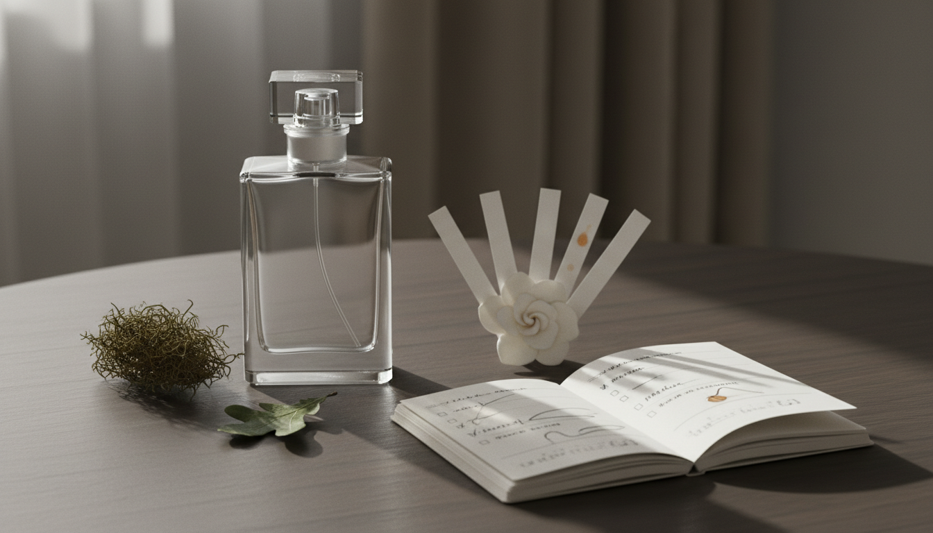 Natureza morta editorial com frasco de perfume sem rótulo, tiras de papel olfativo e caderno aberto sobre mesa de madeira, com um raminho de musgo indicando notas de base.